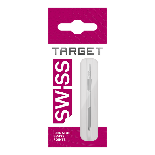 Target Elysian Archetype 43 Swiss Point stalen dartpijlpunten - zilver Zu sehen sind drei silberne Dartspitzen mit einer Länge von 35mm. Sie sind für das Swiss Point System vorgesehen.