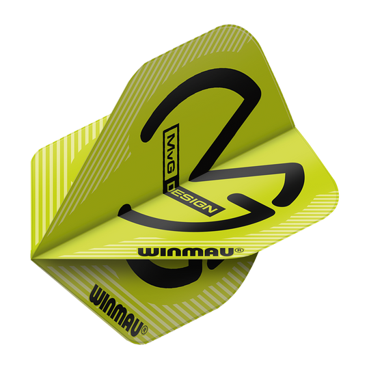 Das Bild zeigt die Winmau Mega MvG Green Standard Flights in leuchtendem Grün mit schwarzem Design. Auf den Flights steht der Schriftzug "WINMAU" und "MvG DESIGN".