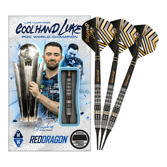 Auf dem Bild sind die Red Dragon Luke Humphries Prestige Softdarts mit 20g Gewicht zu sehen. Die Verpackung zeigt ein Bild von Luke Humphries und die Darts sind schwarz mit silbernen und goldenen Details.