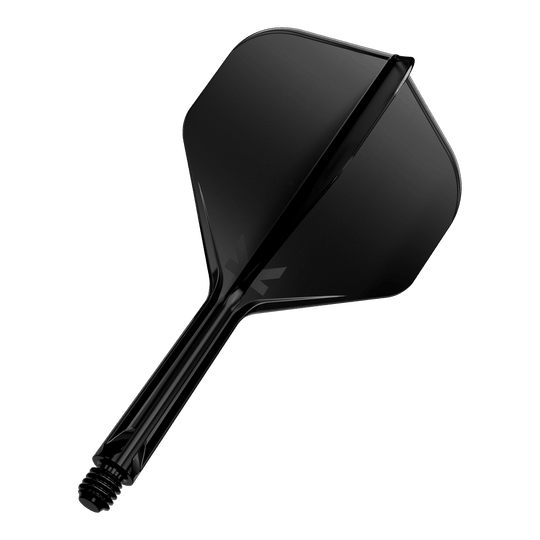 Target K-Flex No2 Standaard Vluchtsysteem - Zwart Dies ist ein schwarzer Dartflight mit Schaft. Er hat eine glatte Oberfläche und eine klassische, standardisierte Form.
