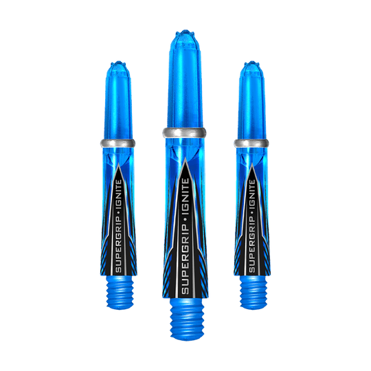 Das Bild zeigt drei blaue Harrows Supergrip Ignite Shafts in der Farbe Aqua. Die Shafts haben ein modernes Design mit dem Schriftzug "SUPERGRIP IGNITE" auf der Vorderseite.