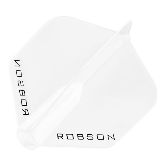 Robson Plus Standard Flights Das Bild zeigt einen klaren Dart-Flügel mit der Aufschrift "ROBSON". Der Flügel hat eine standardmäßige, sechseckige Form.