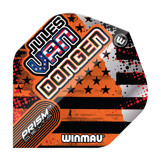 Winmau Prism Delta Jules Van Dongen Standaardvluchten Das Bild zeigt ein Winmau Prism Delta Dart-Flight mit dem Namen "Jules Van Dongen". Das Flight-Design enthält auffällige Farben, Sterne und Streifen sowie den Schriftzug "Winmau".