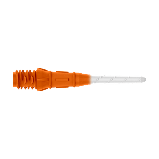 L-Style Premium Two Tone Lippoints (verpakking van 30) Das Bild zeigt eine zweifarbige Kunststoffspitze, die auf einer Seite orange und auf der anderen weiß ist. Es handelt sich um eine Ersatzspitze für ein elektronisches Dart.