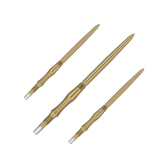 Das Bild zeigt ein Set von Target Swiss Point Dartspitzen Signature RST in Gold, 42mm. Das Set enthält mehrere identische Dartspitzen mit strukturierter Oberfläche.