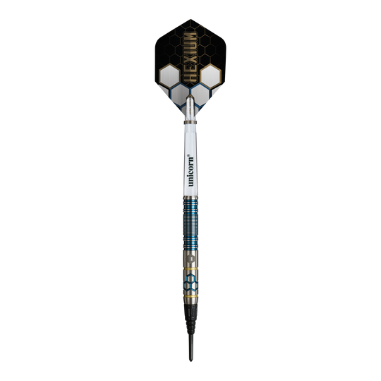 Unicorn Hexium Style 02 Blauw & Goud Zachte Dartpijlen - 21 g Hier sieht man die Unicorn Hexium Style 02 Blue & Gold Softdarts - 21g. Die Darts sind in Blau und Gold gehalten.