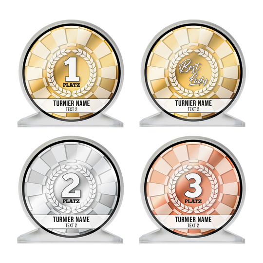 ACP-4SET_Acrylglas_Pokal_mit_Wunschdruck_Text_Set_1 Das Bild zeigt vier runde Acrylglas-Pokale mit unterschiedlichen Platzierungen und einem Pokal für "Best Lady". Jeder Pokal hat einen farbigen Hintergrund (Gold, Silber oder Bronze) und bietet Platz für individuellen Text.