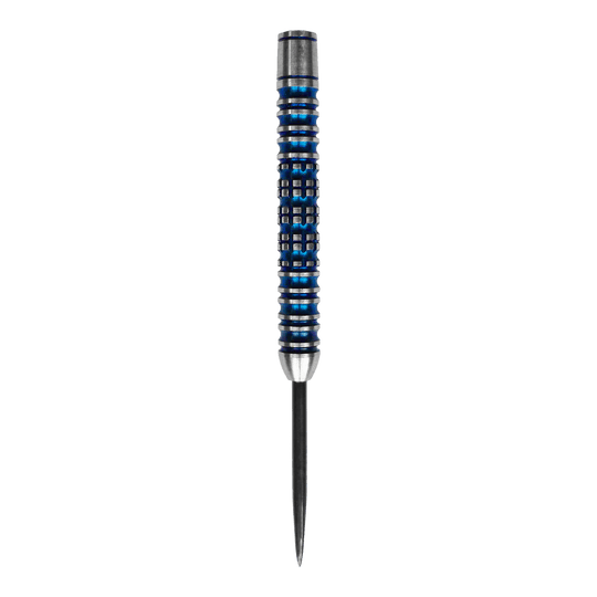 McDart Ocean Steeldart Vaten - 23g Das Bild zeigt ein McDart Ocean Steeldart Barrel mit einem Gewicht von 23g. Der Barrel hat ein silber-blaues Design mit Rillen und einem spitzen Ende.