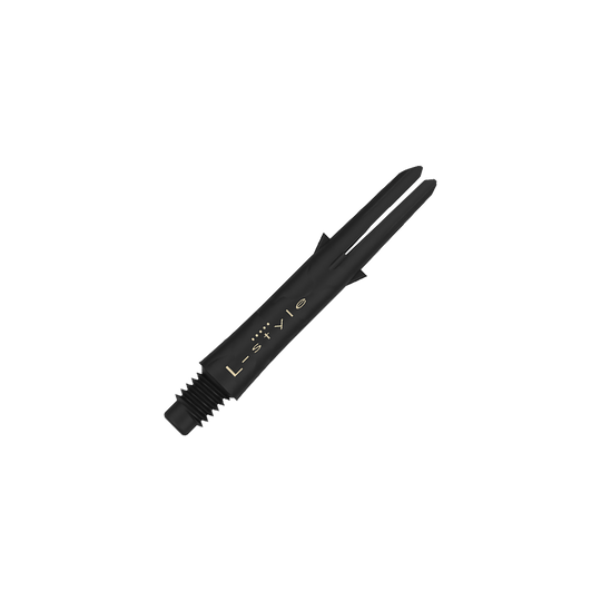 L-Style carbon schachten Das Bild zeigt einen schwarzen Carbon-Dartshaft ohne Kappen mit der Aufschrift "L-style". Der Schaft ist 32 mm lang und hat ein Schraubgewinde am Ende.