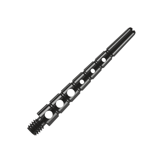 901941_Harrows_Graflite_Shafts_Schwarz_2 Das Bild zeigt einen Harrows Graflite Shaft mit einer Länge von 41 mm. Der Shaft ist schwarz und hat mehrere runde Aussparungen entlang seines Körpers.