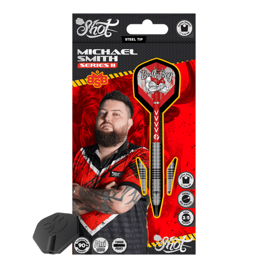 Shot met Michael Smith Series 2 Turbo Point stalen dartpijlen Abgebildet sind die Shot Michael Smith Series 2 Turbo Point Steeldarts. Sie sind speziell für Präzision und Kontrolle beim Dartspielen entwickelt.