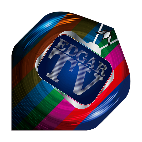 Das Bild zeigt ein bunt gestaltetes Dart-Flight mit dem Aufdruck "EDGAR TV" in der Mitte. Es handelt sich um das Produkt "Mission Solo Matt Edgar No2 Standard Flights".