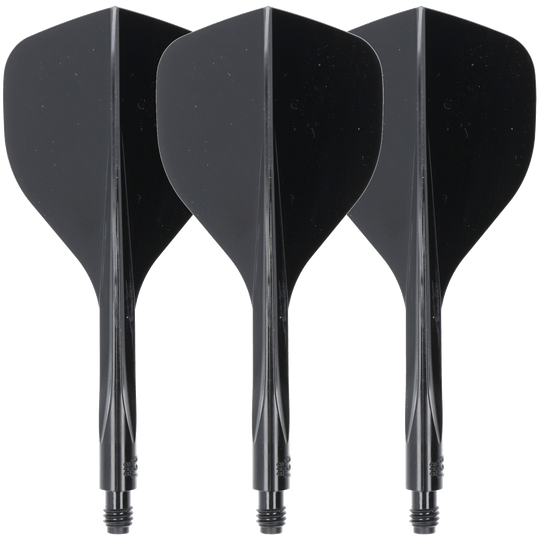 Condor Axe 120 Flight-System Black - Standard Das Bild zeigt drei schwarze Dartflights mit integriertem Schaft. Es handelt sich um das Produkt "Condor Axe 120 Flight-System Black - Standard".