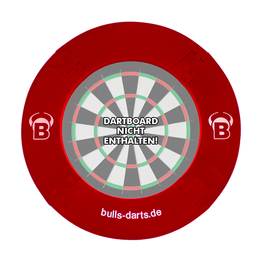 DBS3R_Bulls_Quarterback_Surround_Rot_1DiJpQZI2JAF0s Das Bild zeigt das Produkt "Quarterback Surround", einen roten Dartboard-Surround-Ring. In der Mitte steht der Hinweis "Dartboard nicht enthalten!"