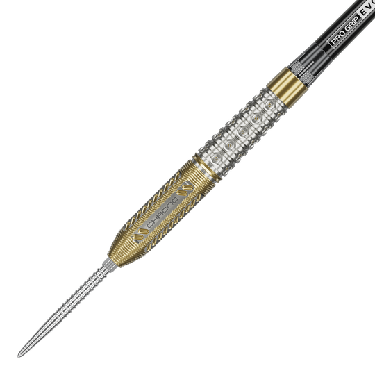 Target Raymond Van Barneveld Chrono 95 Swiss Point Steel Darts Das Bild zeigt einen Steeldart aus der Produktreihe "Target Raymond Van Barneveld Chrono 95 Swiss Point". Der Dartpfeil hat ein silbernes und goldenes Griffstück mit detaillierten Gravuren und Mustern.