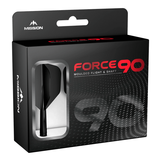 Die Abbildung zeigt die Verpackung des Produkts "Mission Force 90 No6 Flight-Shaft-System - Schwarz". In der Box befindet sich ein schwarzes Flight- und Shaft-System für Darts.