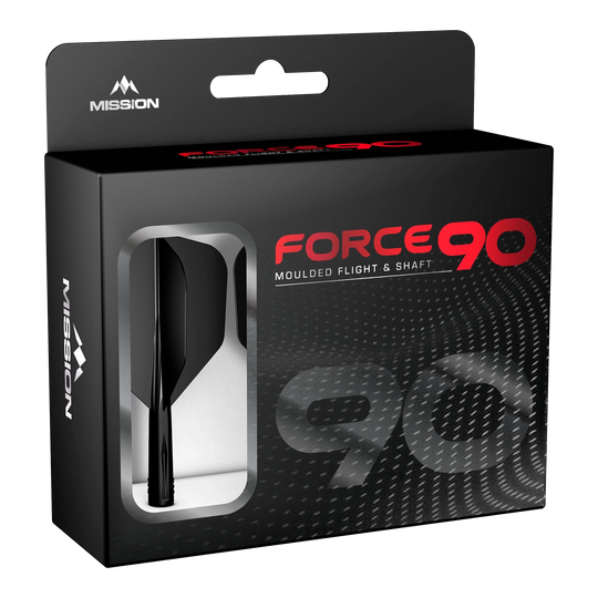 Mission Force 90 No6 Flight Shaft System - Zwart Die Abbildung zeigt die Verpackung des Produkts "Mission Force 90 No6 Flight-Shaft-System - Schwarz". In der Box befindet sich ein schwarzes Flight- und Shaft-System für Darts.