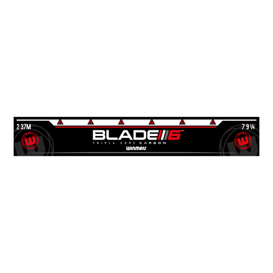 Winmau Blade 6 werplijn Das Bild zeigt die Abwurflinie "Winmau Blade 6". Auf der Linie sind die Maße 2,37 m und 7'9¼" zu sehen.