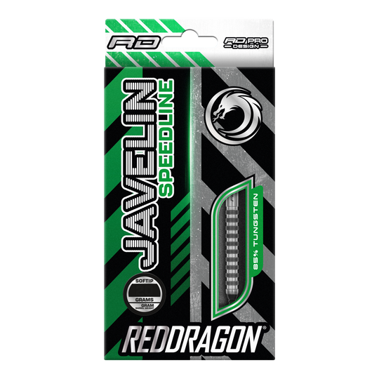 Red Dragon Javelin Speedline Zachte Darts - 20g Die Verpackung zeigt die "Red Dragon Javelin Speedline Softdarts" mit 20 Gramm Gewicht. Das Design ist grün, schwarz und silbern und hebt 85% Tungsten hervor.