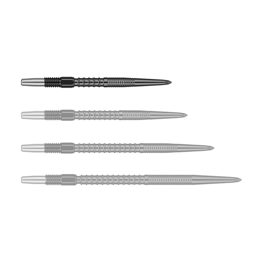 Target Swiss Firepoint Zwarte dartpunten Auf dem Bild sind vier schwarze Dartspitzen in einer Reihe zu sehen. Sie sind aus Metall und haben ein modernes, gerilltes Design.