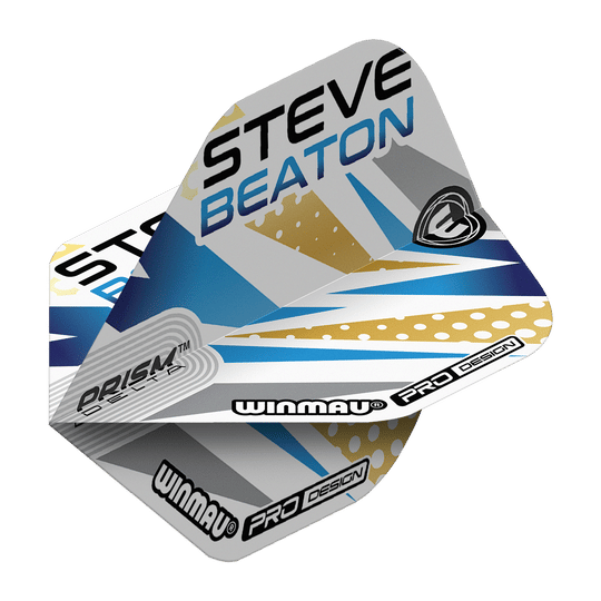 Das Bild zeigt die Winmau Prism Delta Steve Beaton No2 Standard Flights. Die Flights sind mit blauen, goldenen und grauen Mustern sowie dem Namen "Steve Beaton" gestaltet.