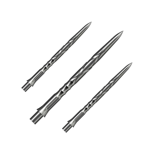 Caliburn System stalen dartpunten - HAN G2 - Zilver Auf dem Bild sind drei silberne Steeldartspitzen mit einem spiralförmigen Muster zu sehen. Sie liegen nebeneinander auf einem neutralen Hintergrund.