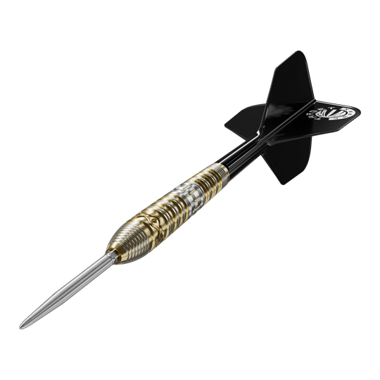 Das Bild zeigt einen Target Japan Hot Shot GEN2 Steeldart mit einem Gewicht von 23g. Der Dart hat einen metallischen, geriffelten Griffbereich und schwarze Flights.