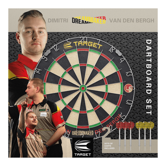 Target Dimitri Van Den Bergh stalen dartbordset Das Bild zeigt das Produkt "Target Dimitri Van Den Bergh Steeldartboard Set" mit einer großen Dartscheibe in der Mitte. Rechts unten sieht man sechs mitgelieferte Darts und im Hintergrund ist Dimitri Van Den Bergh mehrfach abgebildet.