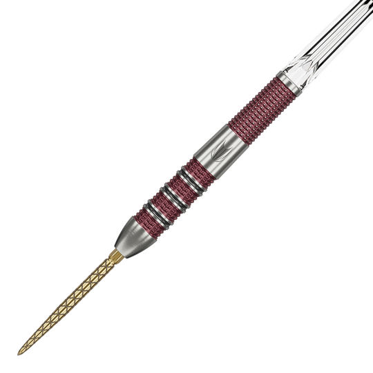 Dies ist ein Target Stephen Bunting 95K Swiss Point Steeldart. Der Dartpfeil hat eine silberne und rote Griffzone sowie eine goldfarbene Spitze.