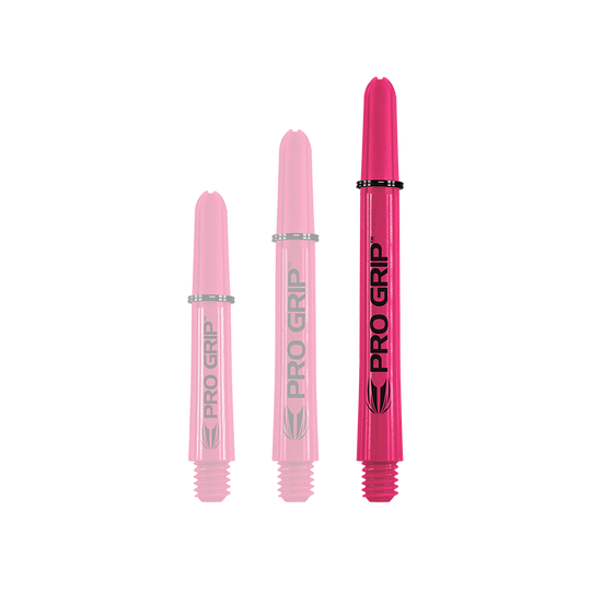 Target Pro Grip Shafts - 3 sets - Roze Das Bild zeigt drei pinke Pro Grip Shafts in verschiedenen Längen. Sie stehen nebeneinander und haben die Aufschrift "PRO GRIP".