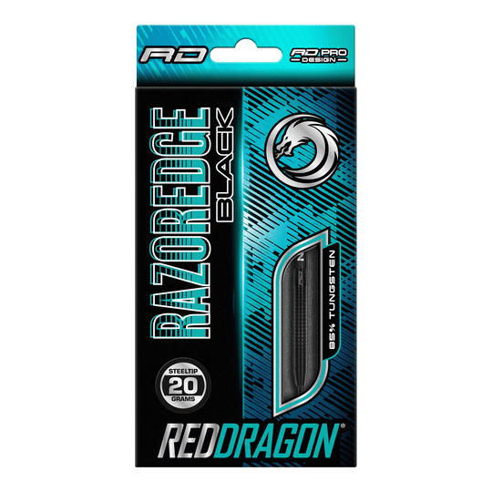 Auf dem Bild ist eine Verpackung von Red Dragon Razor Edge Black Steeldarts zu sehen. Die Darts wiegen 20 Gramm und bestehen zu 85 % aus Wolfram.