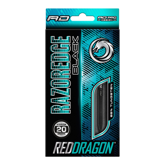 Red Dragon Razor Edge Zwarte Steeldarts Auf dem Bild ist eine Verpackung von Red Dragon Razor Edge Black Steeldarts zu sehen. Die Darts wiegen 20 Gramm und bestehen zu 85 % aus Wolfram.