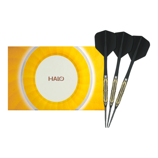 Caliburn Halo H2 stalen dartpijlen - 22,5 g Das Bild zeigt die Caliburn Halo H2 Steeldarts mit einem Gewicht von 22,5g in voller Länge. Die Steeldarts sind besonders langlebig und robust.