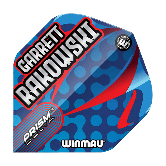 Winmau Prism Delta Garrett Rakowski Standaardvluchten Das Bild zeigt die Winmau Prism Delta Garrett Rakowski Standard Flights. Das Flight-Design ist blau mit roten und hellblauen Akzenten sowie dem Namen "Garrett Rakowski" in großen Buchstaben.