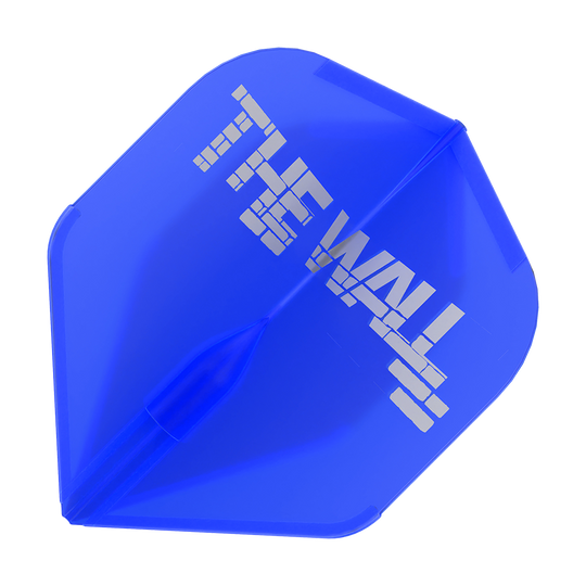 Dies ist ein blauer Dart-Flight mit der Aufschrift "THE WALL" in weißen Buchstaben. Das Produkt heißt L-Style Martin Schindler Blau L1EZ Flights.