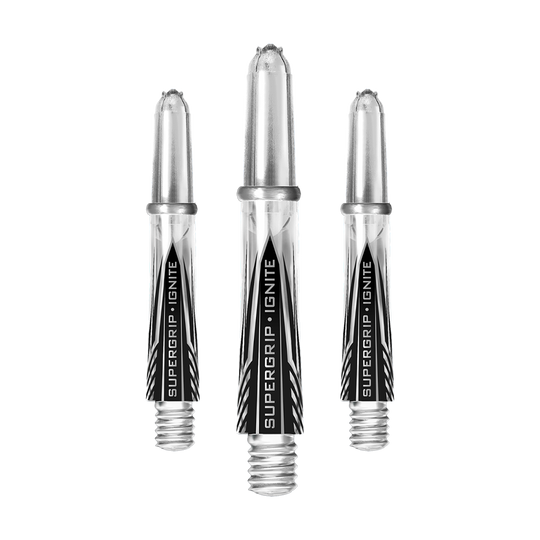 Das Bild zeigt drei klare Harrows Supergrip Ignite Shafts für Dartpfeile. Die Schäfte sind durchsichtig mit silbernen Spitzen und schwarzer Beschriftung.