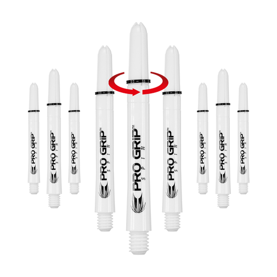 Das Bild zeigt mehrere weiße Dartschäfte mit der Aufschrift "Pro Grip Spin". In der Mitte ist ein Schaft mit einem roten Pfeil, der eine Drehbewegung anzeigt.