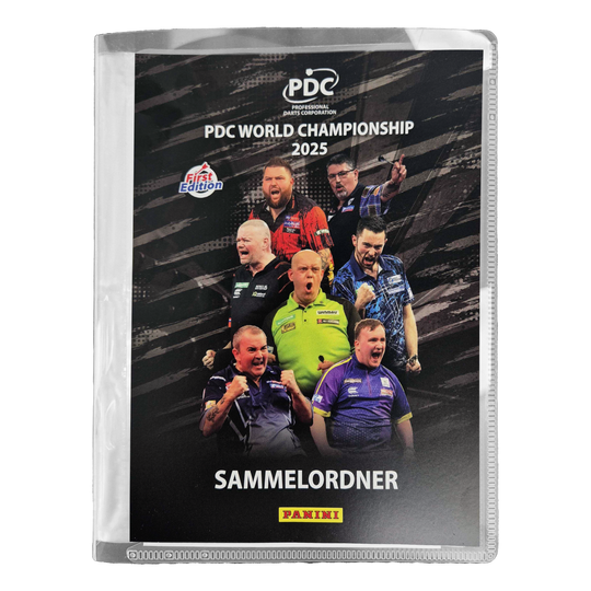 Das Bild zeigt den "Panini PDC World Championship 2025 Sammelordner" mit mehreren jubelnden Dartspielern auf dem Cover. Oben steht der Schriftzug "PDC WORLD CHAMPIONSHIP 2025" und unten das Panini-Logo.