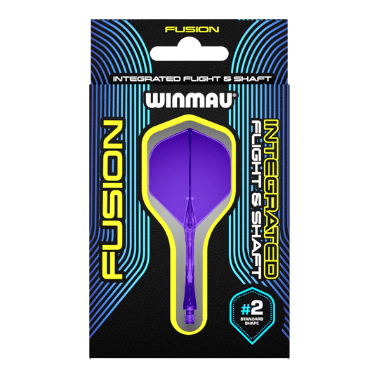 Auf dem Bild ist eine Verpackung mit einem lila Dart-Flug- und Schaftsystem der Marke Winmau zu sehen. Die Verpackung trägt die Aufschrift "Fusion Integrated Flight & Shaft" und hebt die Standardform #2 hervor.