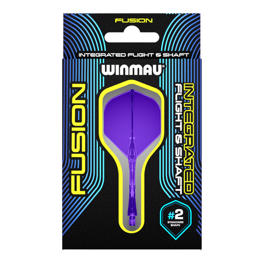 Winmau Fusion Flight Shaft System Standaard Paars Auf dem Bild ist eine Verpackung mit einem lila Dart-Flug- und Schaftsystem der Marke Winmau zu sehen. Die Verpackung trägt die Aufschrift "Fusion Integrated Flight & Shaft" und hebt die Standardform #2 hervor.