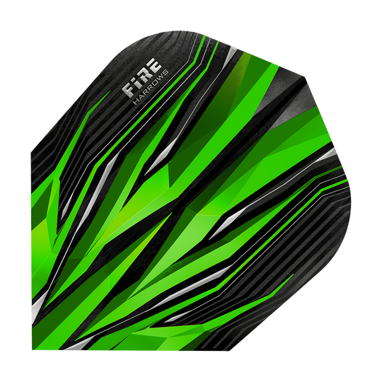 HR2_Harrows_Fire_Green_Standard_Flights_1sXfBKv5nNpZ5t Harrows Fire Green Standard Flights mit effektvollem Muster. Die Flights sind sortiert angeordnet.