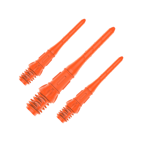 Premium Lippoints (30er Pack) - Spitzen Das Bild zeigt drei orangefarbene Dartspitzen mit Gewinde. Sie sind in einer Reihe auf einem transparenten Hintergrund angeordnet.