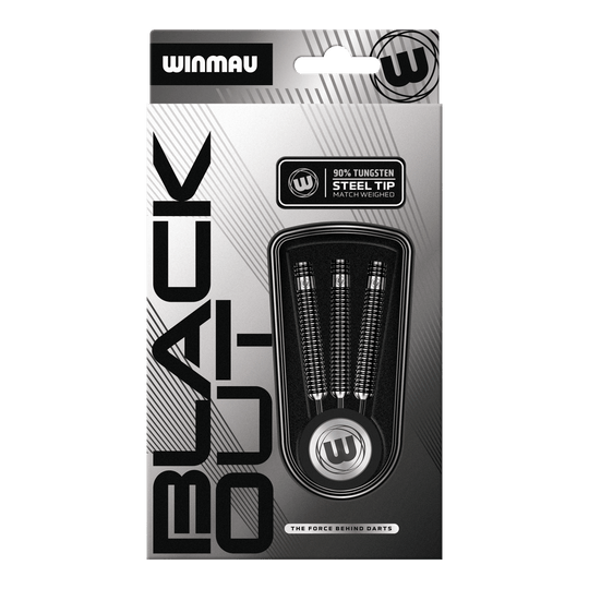 Winmau Blackout Variant 1 stalen dartpijlen Das Bild zeigt die Winmau Blackout Variante 1 Steeldarts. Diese Steeldarts sind aus Tungsten gefertigt und für Präzision entwickelt.