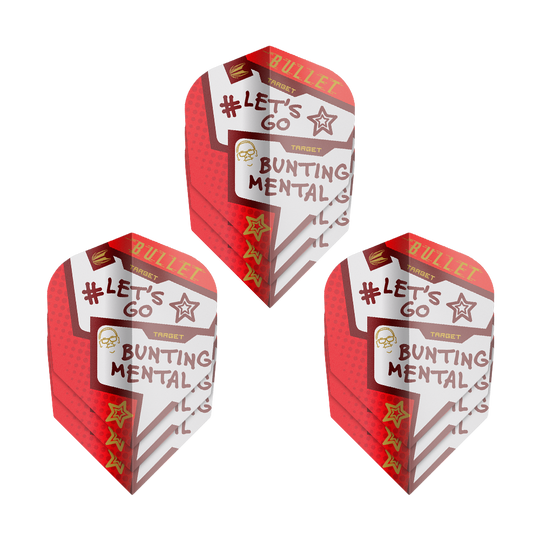 Target Pro Ultra Stephen Bunting Mental No6 Vluchten - 3 Sets Das Bild zeigt drei Sets der "Target Pro Ultra Stephen Bunting Mental No6 Flights" für Darts. Die Flights sind rot-weiß gestaltet und tragen Aufschriften wie "#LET'S GO" und "BUNTING MENTAL."