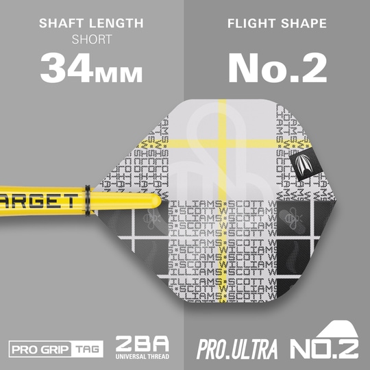 Target Scott Williams GEN2 zachte darts - 18g Das Bild zeigt das Produkt "Target Scott Williams GEN2 Softdarts - 18g" mit einem kurzen Schaft von 34 mm. Die Flight-Form ist No. 2 und das Design ist in Gelb, Weiß und Schwarz gehalten.