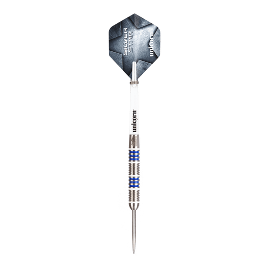 Unicorn Silver Star Var.4 Gary Anderson stalen dartpijlen Dieses Bild zeigt Unicorn Silver Star Var.4 Gary Anderson Steeldarts. Die Darts liegen nebeneinander auf einer weißen Fläche.