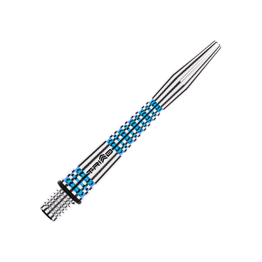 Winmau Triad RX Aluminium Shafts - Blau Auf dem Bild ist ein blauer Winmau Triad RX Aluminium Dartschaft zu sehen. Der Schaft hat ein gestreiftes Design mit silbernen und blauen Akzenten.