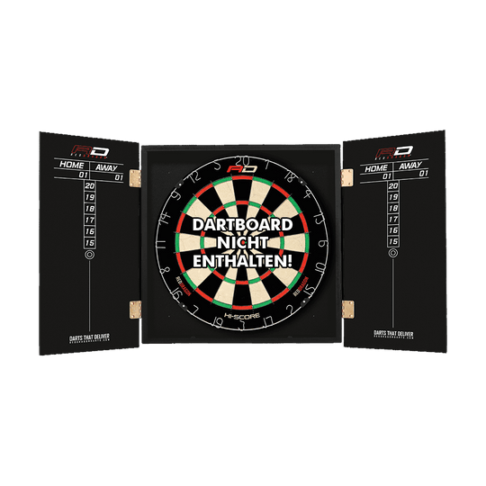 Z0169_Red_Dragon_Peter_Wright_Dartboard_Cabinet_3rSV1cY93jKX5f Das Bild zeigt das "Red Dragon Peter Wright Dartboard Kabinet" mit geöffneten Türen und einem Dartboard im Inneren. Auf dem Dartboard steht in großen Buchstaben: "DARTBOARD NICHT ENTHALTEN!"