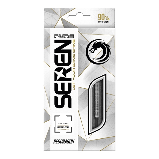 Red Dragon Seren 2 Pure Steeldarts Die Abbildung zeigt die Verpackung der "Red Dragon Seren 2 Pure Steeldarts". Auf der Verpackung steht, dass die Darts aus 90% Tungsten bestehen.