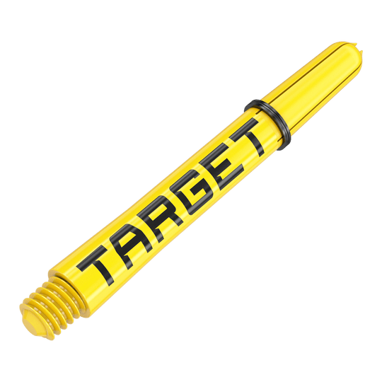 Target Pro Grip TAG Shafts - 3 sets - Geel Dies ist ein gelber Dart-Schaft mit dem Schriftzug "TARGET". Der Schaft hat ein schwarzes Gummiband und ein Schraubgewinde am Ende.